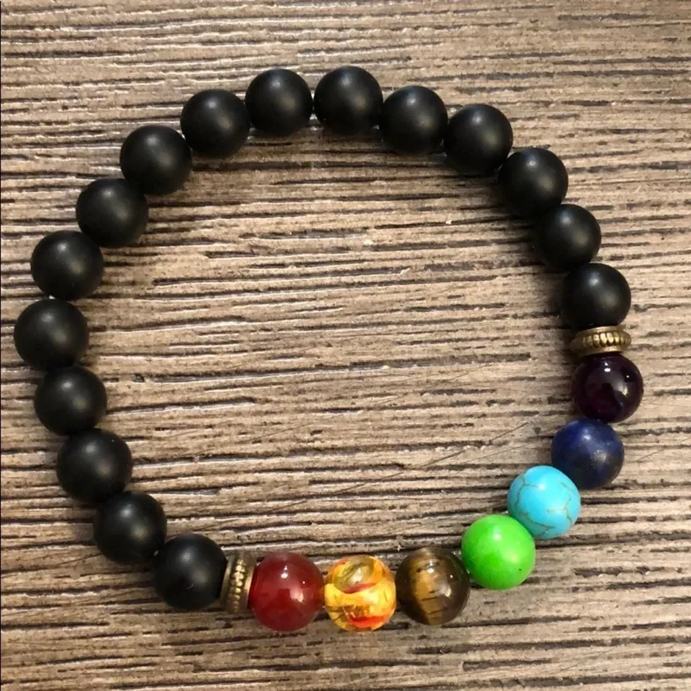Chakra & Black Bead Rainbow Stretch Bracelet